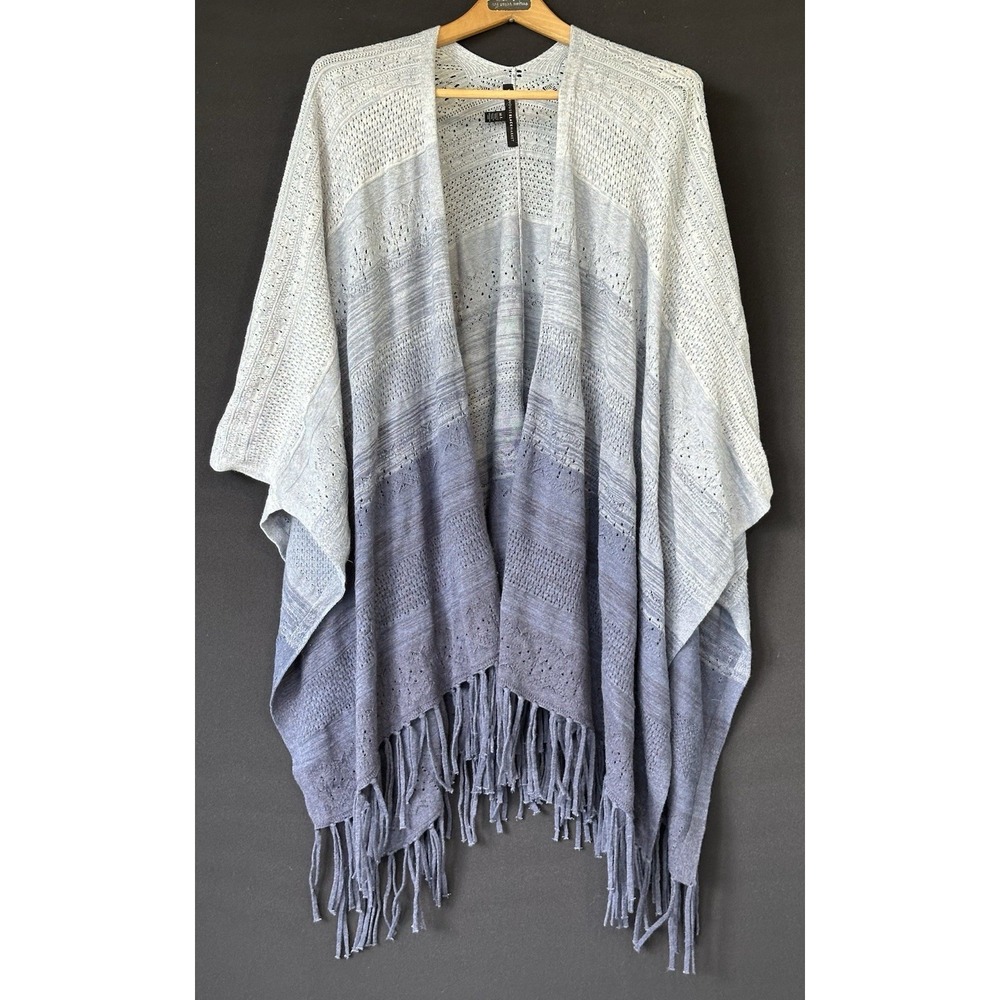 WHBM Open Ombre Blue Cardigan Shawl Wrap Fringe Sz M / L Office Career